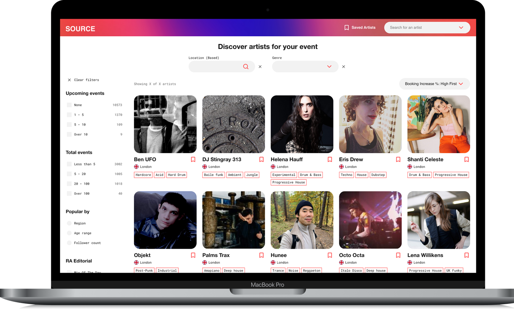 SOURCE — discover artists for your event, shown on a laptop