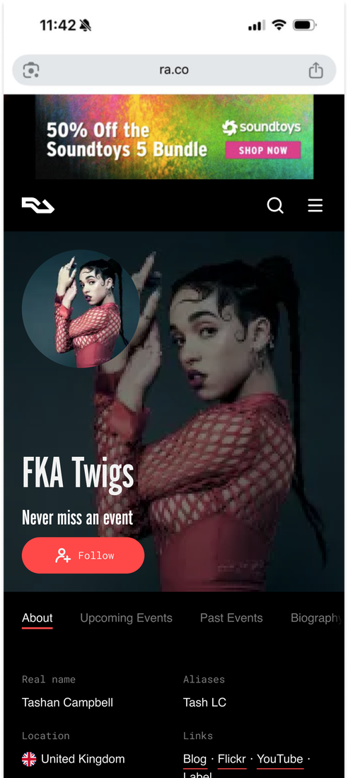FKA Twigs artist profile with a prominent Follow button above the fold