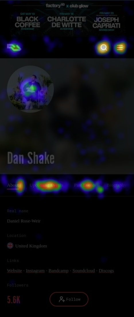Engagement heatmap on an artist page after moving the follow button