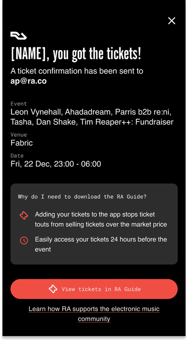 The current ticket confirmation page — a dead end after checkout