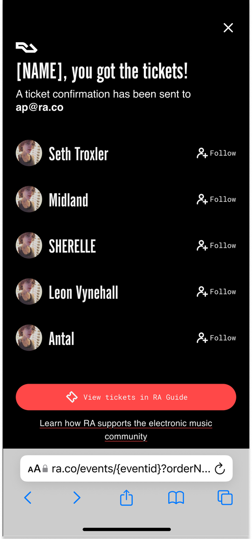 Redesigned ticket confirmation with suggested artists to follow